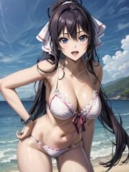 ai_generated beach big_breasts bikini blue_eyes brown_hair brunette_hair clouds cloudy_sky hair_ribbon houki_shinonono infinite_stratos ponytail sea seaside shinonono_houki