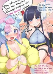 2girls ass black_hair blue_eyes breasts dialogue elesa_(pokemon) elesa_(pokemon_bw2) english_text female female_only gym_leader huge_breasts human iono_(pokemon) jtveemo light-skinned_female light_skin long_hair medium_breasts multiple_girls nintendo pink_eyes pink_hair pokemon pokemon_bw2 pokemon_sv sharp_teeth text trait_connection twintails two_tone_hair