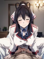 ai_generated big_breasts cleavage closed_eyes clothed_female clothed_female_nude_male clothed_sex cowgirl_position hair_ribbon houki_shinonono infinite_stratos nipples_visible_through_clothing ponytail riding riding_cock riding_penis school_uniform sex shinonono_houki smiling