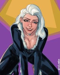 1girls black_cat_(marvel) black_leather black_outfit blue_eyes cleavage felicia_hardy leather_clothing light_skin looking_at_viewer marvel marvel_comics on_hands_and_knees sand_circles smiling_at_viewer spider-man_(series) twitter_username white_hair