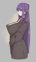 baggy_shirt cleavage covered_nipples facemask fern_(sousou_no_frieren) large_breasts leebongchun long_hair mask purple_eyes purple_hair sousou_no_frieren surgical_mask