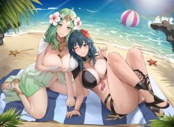 2girls absurdres ball beach beach_towel beachball bikini black_bikini breasts byleth_(female)_(fire_emblem) byleth_(female)_(summer)_(fire_emblem) byleth_(fire_emblem) byleth_(fire_emblem)_(female) cleavage commission elvandec feet fire_emblem fire_emblem:_three_houses fire_emblem_heroes flower full_body green_eyes green_hair hair_flower hair_ornament highres large_breasts looking_at_viewer multiple_girls necklace official_alternate_costume one_eye_closed outdoors rhea_(fire_emblem) rhea_(summer)_(fire_emblem) sandals sideboob smile swimsuit take_your_pick towel vgen_commission water white_bikini