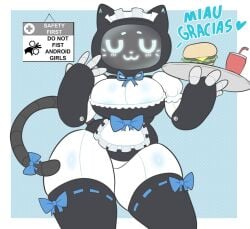 1girls 2d bellabot big_breasts blue_bow cat_ears cat_maid cat_tail english_text female female_only holding_object humanoid kerfuś kerfuś_female oni-punch robot robot_girl robot_humanoid robot_maid screen_face sign solo spanish_dialogue text translation_request uwu waitress