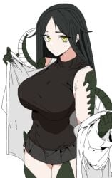 absurdres black_hair breasts female highres large_breasts lizard_tail long_hair looking_at_viewer monster_girl reptile_girl reptilia_queen scales scp-682 scp_foundation skirt solo tail white_background yellow_eyes