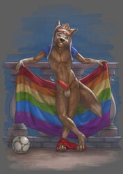 1boy 2016 anthro ball balls black_nose blue_eyes canine clothed clothing deusexmoose erection eyewear fifa gay_pride goggles holding_towel humanoid_penis male male_only mammal mascot mostly_nude partially_clothed penis rainbow_flag rainbow_symbol shirt_pulled_behind_neck shorts shorts_around_one_leg shorts_down signature soccer_ball solo super_gay towel white_balls wolf zabivaka