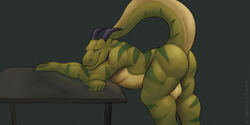 ass balls bent_over big_balls dragon evalion green_skin horn looking_at_viewer male male_only muscular raised_tail scalie smile table thick_tail