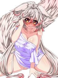 1girls animal_ears animal_tail big_breasts cleavage cuchu_nemurin embarrassed female female_focus female_only fox_ears fox_girl fox_tail front_view highres huge_breasts latam_virtual_youtuber light-skinned_female light_skin long_hair on_knees simple_background the_kurieta two_tone_hair virtual_youtuber vtuber vtuberfanart white_background white_hair yanderelive yellow_eyes