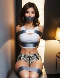 ai_generated bondage bondage bound brown_hair brown_hair gag gagged looking_at_viewer medium_hair midriff navel pokimane shorts sitting tank_top tape_bondage tape_gag thighs