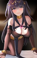 1girls :d all_fours alternate_costume bangs bare_shoulders bed_sheet black_eyes black_hair breasts cleavage collarbone cosplay dancer dorothea_arnault_(cosplay) female female_only fire_emblem fire_emblem_awakening fire_emblem_heroes glowing_eyes indoors kneeling large_breasts long_hair looking_at_viewer nintendo open_mouth pantyhose pelvic_curtain plegian shoulders smile solo tara_(szzj7733) tharja_(fire_emblem)