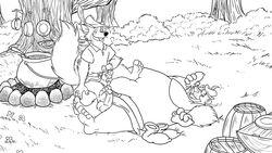 anthro balls barefoot bear black_and_white bottomless canine closed_eyes disney duo erection fox furry gay humanoid_penis line_art little_john lying male male_only mammal masturbation monochrome on_back open_mouth outdoors penile_masturbation penis robin_hood_(character) robin_hood_(disney) sitting smile spread_legs spreading testicles thedirtyshark yaoi