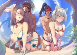 2boys 2girls beach bikini cat_ears catgirl core_crystal dark-skinned_male dark_skin doggy_style eunie_(xenoblade) female group_sex head_wings highres light-skinned_female light-skinned_male light_skin male mio_(xenoblade) nintendo noah_(xenoblade) outdoors parallel_sex penis revolverwingstudios sex swimsuit taion_(xenoblade) wings wings_on_head xenoblade_(series) xenoblade_chronicles_3