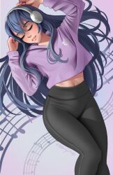 1girls blue_hair breasts closed_eyes female female_only fire_emblem fire_emblem_awakening headphones hoodie jackary_draws long_hair long_sleeves lucina_(fire_emblem) musical_note nail_polish nintendo pants purple_nails small_breasts solo very_long_hair yoga_pants