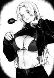 bedroom_eyes big_breasts black_and_white bra breasts jujutsu_kaisen long_hair manga_style masoq095 smiling taking_clothes_off talking_to_viewer teasing turtleneck yuki_tsukumo