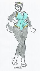 anthro big_breasts big_hips dog_collar dog_girl dog_humanoid domestic_dog everest_(paw_patrol) female_only furry gray_fur hand_on_hip husky leotard looking_at_viewer marlon64 paw_patrol smiling_at_viewer solo_female traditional_drawing_(artwork) white_background white_fur