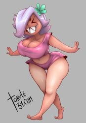 big_ass big_breasts brawl_stars cleavage clothed colette_(brawl_stars) flower_in_hair midriff shorts thick_thighs torule34