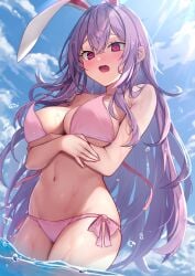 animal_ears bare_arms bare_legs bare_shoulders bikini blush breasts cowboy_shot day female hair_between_eyes highres large_breasts long_hair navel open_mouth pink_bikini purple_hair rabbit_ears red_eyes reisen_udongein_inaba side-tie_bikini_bottom solo swimsuit touhou wardrobe_malfunction water wowoguni