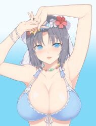 1girls 2d big_breasts bikini blue_bra blue_eyes blush breasts cleavage grey_hair hairbow hands_above_head large_breasts looking_at_viewer necklace official_art senran_kagura solo yaegashi_nan yumi_(senran_kagura)