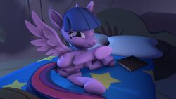 16:9 3d_(artwork) 4k absurd_res alicorn bed bedroom book crotchboobs digital_media_(artwork) equid equine female feral friendship_is_magic furniture genitals hasbro hi_res horn horse looking_at_viewer mammal my_little_pony nude pony purple_body pussy small_crotchboobs solo source_filmmaker spread_legs spread_wings spreading stuffguy123 teasing teasing_viewer twilight_sparkle_(mlp) widescreen wings