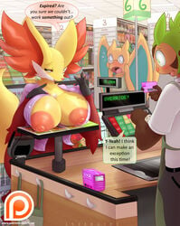 1girls 2016 ambiguous_gender anthro areolae big_areola big_breasts big_nipples blush breast_awe breasts breasts_out bulge canine charizard chespin clothing counter credit_card delphox dialogue english_text eyelashes eyewear fangs female flashing fox furry glasses green_eyes half-closed_eyes huge_areolae huge_breasts huge_nipples inside lysergide market nintendo nipples open_mouth orange_skin pants pokemon pokemon_(species) pokemon_xy public red_fur shirt shocked smile speech_bubble store text video_games white_fur wings yellow_fur