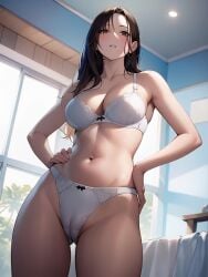 1girls ai_generated ai_mirror bed bedroom bedside_table belly_button blush brown_eyes brown_hair down_angle hands_on_hips light long_hair looking_at_viewer medium_breasts open_mouth underwear vagina_visible_through_clothing white_skin white_underwear window