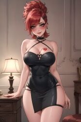 1girls ai_generated big_breasts black_dress blush breasts choker cleavage clothing dress female female_only foster's_home_for_imaginary_friends frankie_foster hairclip human looking_at_viewer queen_of_hearts raceplay red_hair skindentation smile solo tattoo thick_thighs thighs tied_hair tight tight_clothing yuroart