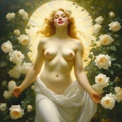 ai_generated belly blonde_hair blue_eyes breasts curly_hair curvy female flower flowers lips long_hair medium_breasts navel nipples nude presenting realistic rose_(flower) smile solo white_rose william_bouguereau