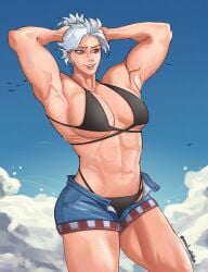 1girls arms_up bikini black_bikini dorohedoro hands_behind_head jean_shorts light-skinned_female light_skin muscular muscular_female noi_(dorohedoro) pink_eyes sand_circles sweat swimsuit twitter_username white_hair