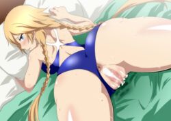 anus ass blonde_hair blue_eyes blush braid censored cum cum_in_pussy female from_behind hera_(hara0742) long_hair looking_at_viewer looking_back lying mosaic_censoring on_bed on_stomach one-piece_swimsuit phantasy_star phantasy_star_online_2 phantasy_star_online_2_the_animation pillow pussy solo spread_pussy suzuki_aika sweat swimsuit swimsuit_aside tied_hair twin_braids very_long_hair