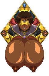 big_nipples blindfold breasts brown_eyes brown_hair cocky_smile curvy curvy_body curvy_female curvy_figure dark-skinned_female dark_skin earrings enormous_breasts female female_only gold_(metal) gundam huge_breasts ierou_yellow jewel marbet_fingerhat mouth_covered mouth_mask nipples restrained smile variant variant_set victory_gundam