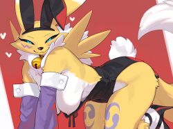 1girls all_fours areolae armwear black_sclera blue_eyes blush bunny_ears bunny_tail bunnysuit digimon digimon_(species) female female_only hi_res kame_3 looking_at_viewer medium_breasts narrowed_eyes neck_bell nipples renamon smiling smiling_at_viewer solo thick_thighs white_fur yellow_fur