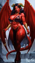 ai_generated cleavage demon demon_female earrings eredar female_only green_eyes hooves horns jewelry large_breasts navel necklace pelvic_curtain pointy_ears red_skin see-through solo tail thick_thighs toned wings world_of_warcraft