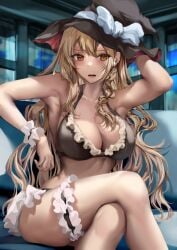 armpits bikini black_bikini black_headwear blonde_hair bow braid breasts cleavage frilled_bikini frills hat hat_bow highres kaeranu_kaeru kirisame_marisa large_breasts long_hair marisa_kirisame side_braid single_braid sitting swimsuit thick_thighs thigh_strap thighs touhou white_bow witch_hat yellow_eyes