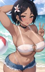 1girls ai_generated bikini black_hair breasts brown_eyes brown_skin female hi_res huge_breasts naughty_face original original_character outdoors short_hair stable_diffusion stuffyai tan tan-skinned_female tanline tanlines tanned_skin thick_thighs