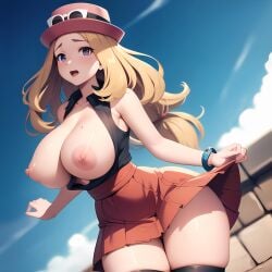 ai_generated big_breasts blonde_hair blue_eyes curvy curvy_female female_focus female_only long_hair miniskirt nipples pokemon pokemon_xy rubyart serena_(pokemon) showing_breasts skirt tan_hair thick_thighs thighhighs white_female wide_hips