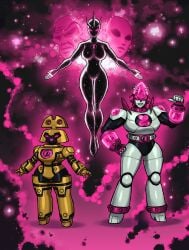 3girls alien_x armor atomix_(ben_10) ben_10 black_body celestialsapien chaquetrix chronosapien clockwork_(ben_10) eltefo23 female grey_body large_breasts pink_eyes pink_theme robot thick_thighs wide_hips yellow_body