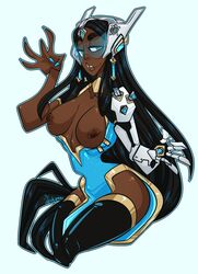 1girls 2d areolae black_hair blizzard_entertainment breasts cheongsam dark-skinned_female dark_skin dress elatedsceptre female female_only headgear long_hair looking_at_viewer nerfocalypse nipples overwatch simple_background solo solo_female symmetra tagme thighhighs