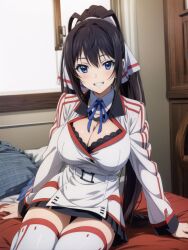 ai_generated bed bedroom big_breasts blue_eyes cleavage hair_ribbon houki_shinonono infinite_stratos ponytail school_uniform shinonono_houki sitting sitting_on_bed smiling smiling_at_viewer thigh_socks thighhighs