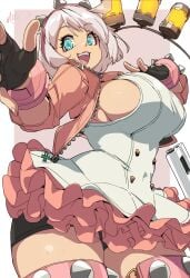 1girls absolute_territory big_breasts blue_eyes breasts elphelt_valentine frills gloves guilty_gear jacket naze pink pinup sideboob skirt spiked_hairband thigh white_hair