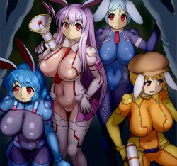 4girls bodysuit breasts covered_breasts d.koutya gun multiple_girls rabbit_ears reisen reisen_udongein_inaba ringo_(touhou) seiran_(touhou) tagme touhou