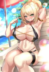 1girls beach beach_chair bikini black_bikini blonde_hair blush breasts breasts_bigger_than_head elara_(vtuber) elf_ears female female_focus female_only green_eyes large_breasts looking_at_viewer nez-box original original_character pink_fingernails ponytail sling_bikini smiling teeth thick_thighs thighs virtual_youtuber