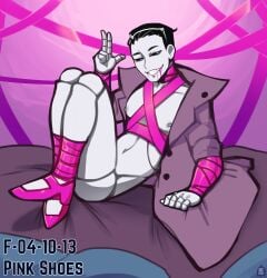 1boy black_hair black_sclera doll_joints gijinka heels humanized limbus_company male male_only mannequin mole_under_eye pecs pink_ribbon pink_shoes_(limbus_company) project_moon ribbon swirly_eyes trenchcoat yamapollogee