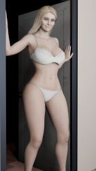 3d blonde_hair bra doorway gamingarzia high_resolution panties resident_evil resident_evil_8:_village rosemary_winters smiling solo standing underwear