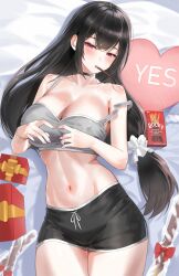 1girls bare_shoulders black_hair black_shorts blush box breasts cleavage collarbone dolphin_shorts food gift gift_box grey_sports_bra highres kfr large_breasts long_hair looking_at_viewer low_ponytail lying mouth_hold navel on_back original pocky purple_eyes short_shorts shorts solo sports_bra thighs underwear