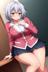 ai_generated anime_style big_breasts blazer blue_eyes blush busty closed_legs curvy female female_only front_view gray_hair hi_res highres original_character school_uniform schoolgirl seraphim_ai short_hair skirt smile solo stable_diffusion thick_thighs