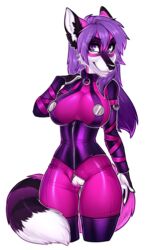 2016 alpha_channel anthro big_breasts breasts canine claws clothed clothing female fox fur hair looking_at_viewer mammal pink_fur purple_eyes purple_hair pussy rubber selene_leni simple_background solo xenthyl zipper