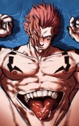 1boy abs bara black_nails chest_tattoo cowboy_shot cum cum_in_mouth implied_yaoi jujutsu_kaisen large_pectorals looking_at_viewer lying male male_focus male_only multi_eye multi_mouth muscular muscular_male nipples on_back pectorals red_eyes ryoumen_sukuna_(jujutsu_kaisen) short_hair shoulder_tattoo smokerichi solo solo_focus spiked_hair spread_legs stomach_mouth tattoo