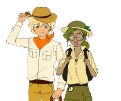 1boy 1boy1girl 1girls adventurer_cookie backpack bandana bandanna_on_neck blonde_hair blonde_hair_male brown_eyes closed_eyes collared_shirt cookie_run cookie_run_kingdom cowboy_hat dark-skinned_female dark_skin female happy hat holding holding_rope humanized humanized_cookie long_sleeves male olive_cookie open_mouth orange_bandanna pale-skinned_male pale_skin ponytail rope short_hair short_sleeves simple_background smile white_background white_eyelashes