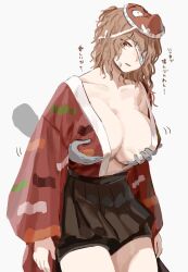 1girls 2d 2d_(artwork) bandage bandage_on_face bandage_over_one_eye brown_hair cleavage curly_hair fondling fondling_breast groping groping_breasts groping_from_behind hakama hakama_skirt hemoroda hyottoko_mask japanese_clothes japanese_text kimono large_breasts len'en long_hair long_sleeves mask open_clothes red_eyes short_skirt simple_background sweat text translation_request white_background yago_ametsukana