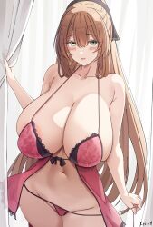 areola_slip bedroom_eyes curtains girls'_frontline huge_breasts lace_trim lingerie negligee nightgown panties_down pink_lingerie sagging_breasts seductive seductive_eyes seductive_smile signature smile springfield_(girls'_frontline) thick_thighs wide_hips