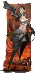 black_hair bullet_casings claws clothes_around_waist collarbone cybernetic_limb female glory_(shadowrun:_dragonfall) gun handgun large_breasts lips long_hair midriff mikazuki_shigure navel nipples pistol red_eyes see-through shadowrun shadowrun:_dragonfall solo